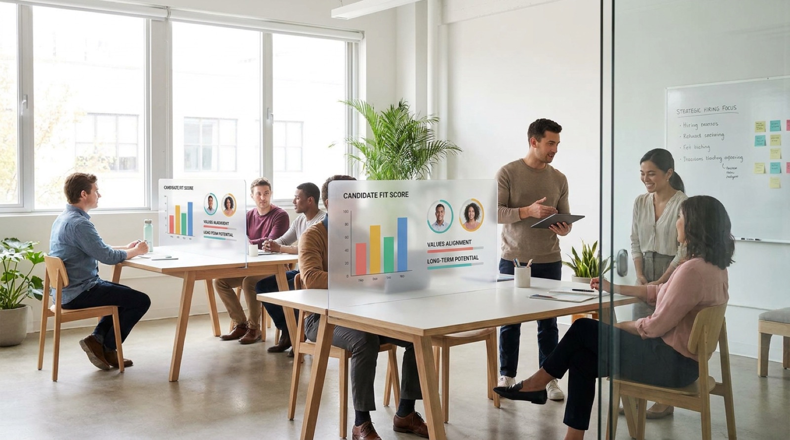 Recruitment professionals working at desks in a bright modern open-plan office with dashboard screens