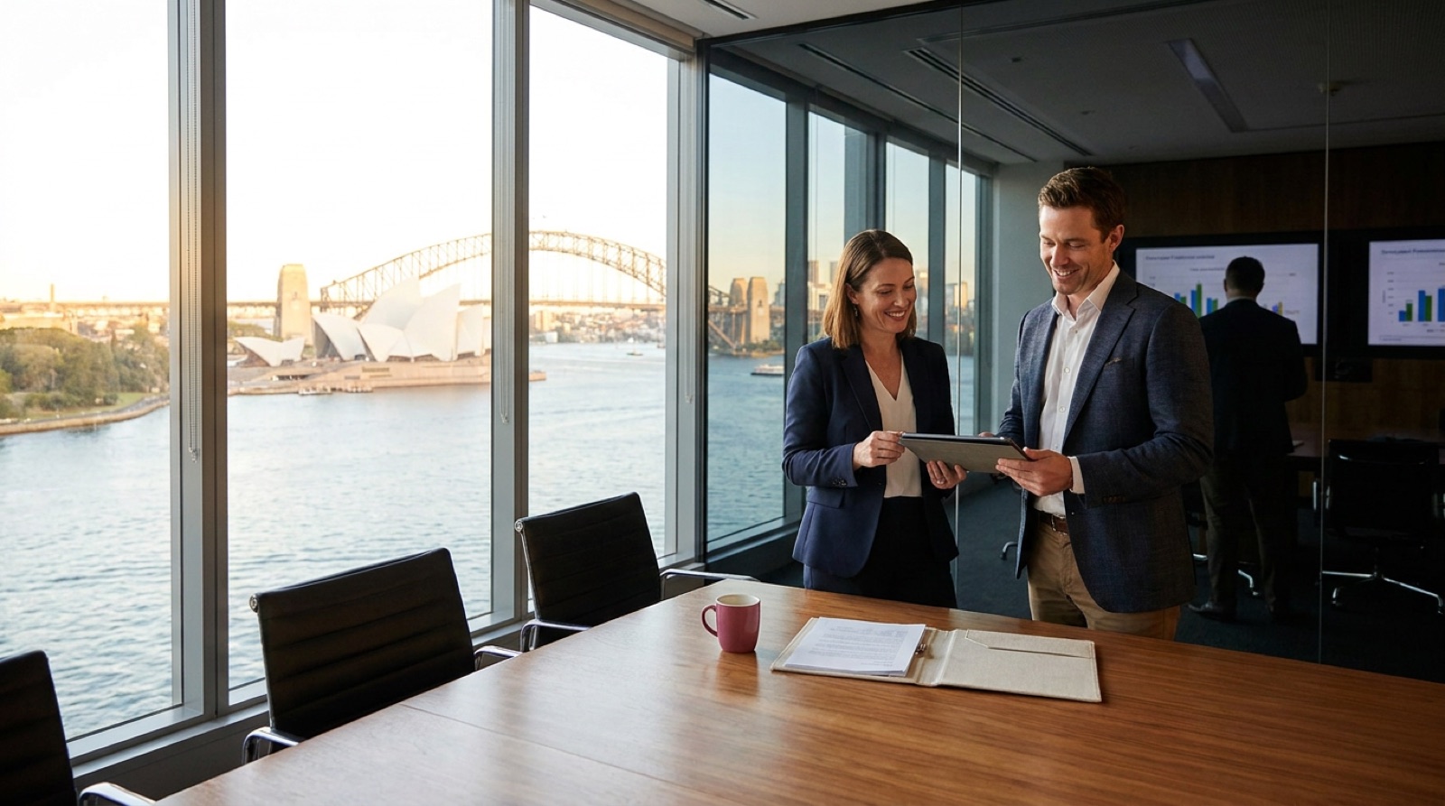 Australian recruitment leaders in a modern Sydney office reviewing placement workflows supported by AI agents
