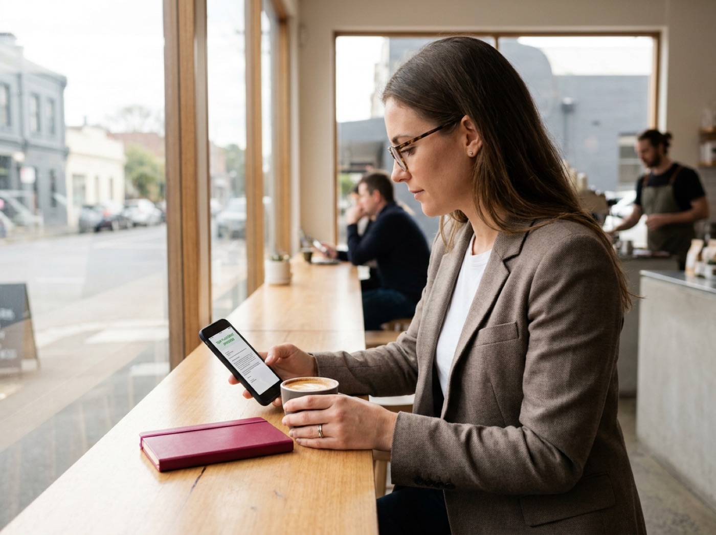 Senior Australian recruitment manager approving an urgent temp placement on a mobile device during morning transit in Melbourne