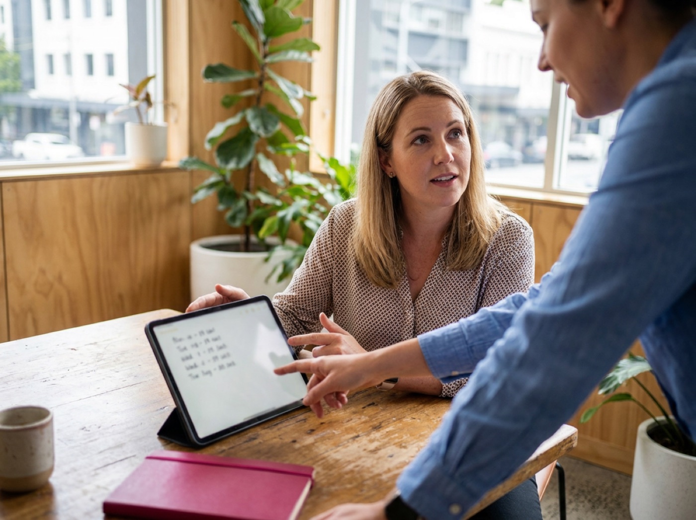 Two recruitment consultants reviewing upcoming staffing dates together on a tablet in a sunlit office